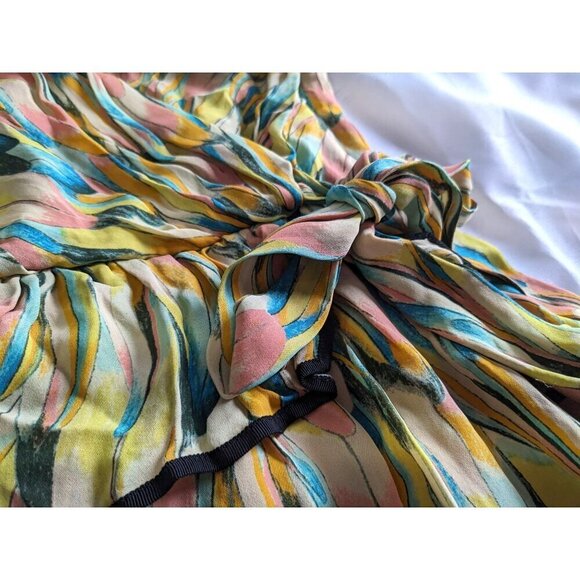 Anthropologie HYPE 100% Silk Yellow Feather Print Summer Boho Mini Dress Size 2 - Picture 6 of 8